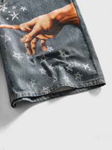 ROMWE MEN Street Life Quần short denim nam thời trang mùa hè, có thắt lưng, in họa tiết. - Màu xanh lá cây đậm - Xem 4