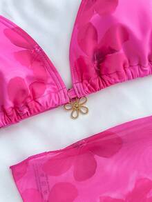 Bộ bikini 3 mảnh dành cho thiếu nữ: Áo tắm màu hồng nhạt phối lưới in hoa, quần và váy buộc dây, bikini tam giác hở lưng dây mảnh thích hợp cho bãi biển và mùa hè. - Màu Hồng Tươi - Xem 4