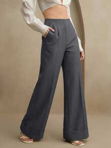 Anewsta 女士优雅阔腿裤，时尚宽松版型长裤，适合圣诞节、感恩节、春季、夏季、商务休闲场合。 - 深灰色 - 查看 2