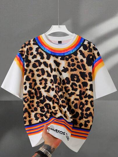 Manfinity Roghcode 男士时尚，ins风圆领短袖T恤，宽松针织衫，二合一设计，豹纹彩虹图案，大胆鲜艳的色彩，个性化吊坠，时尚超级英雄，街头文化，休闲风格，日常穿着，音乐节或派对，滑板、街舞、街头摄影等街头运动，最佳选择，节日礼物，男友礼物