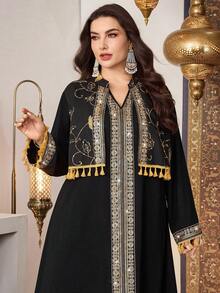 Al Najma Plus Size Women's Embroidered Long Sleeve Dress With Tassel Details, Suitable For Spring/Autumn Daily Wear And Gatherings - Black - View 5