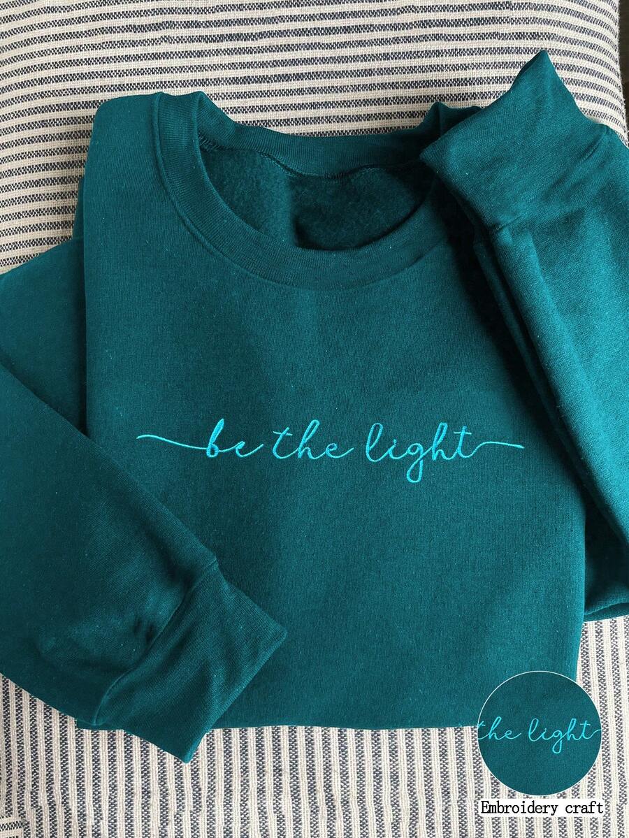 INAWLY 绣有“成为光”字样的基督教圆领卫衣 | 基督教运动服，信仰运动服，女士刺绣圆领标语长袖抓绒卫衣