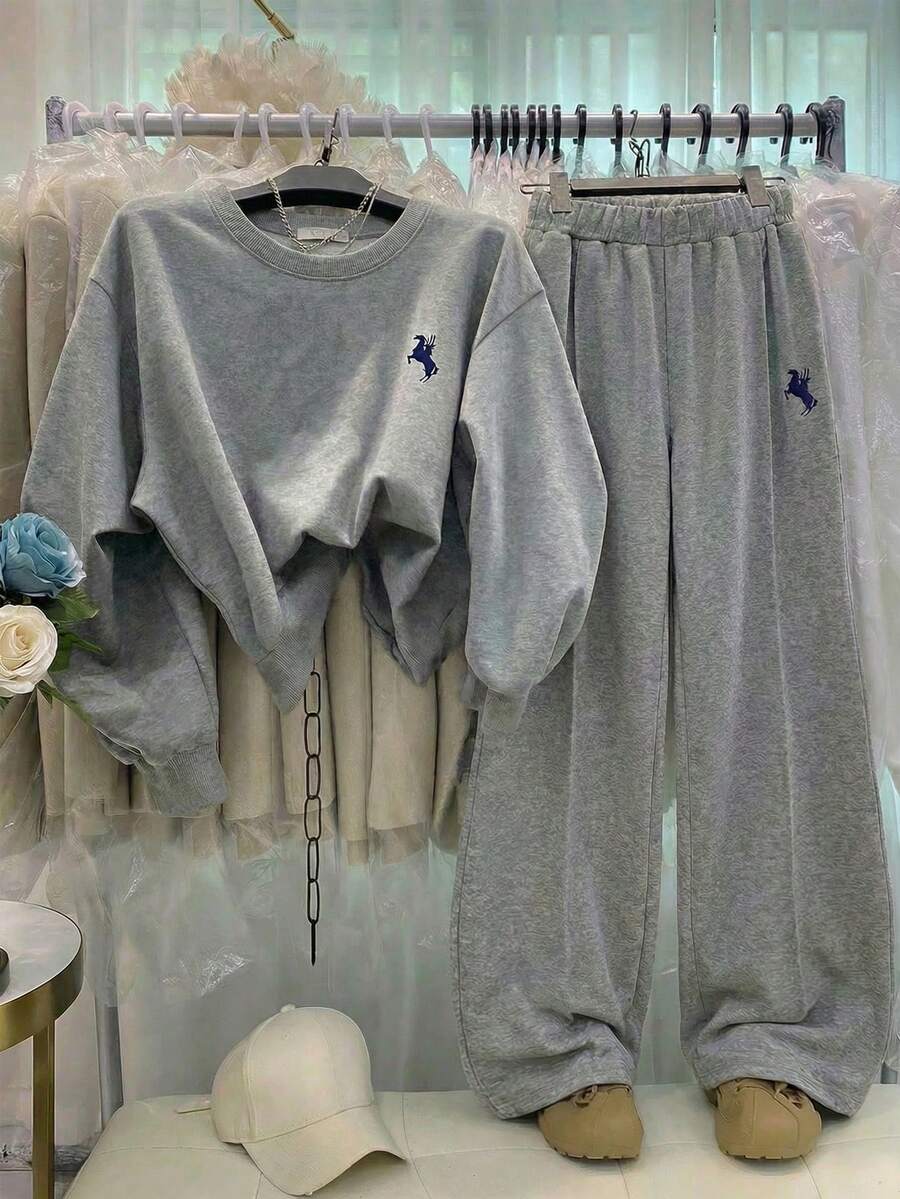 ChillGRL Tween Girls Casual All-Match Versatile Sports & Loungewear Set: Loose Embroidered Crew Neck T-Shirt + Wide Leg Sweatpants - Grey - View 1