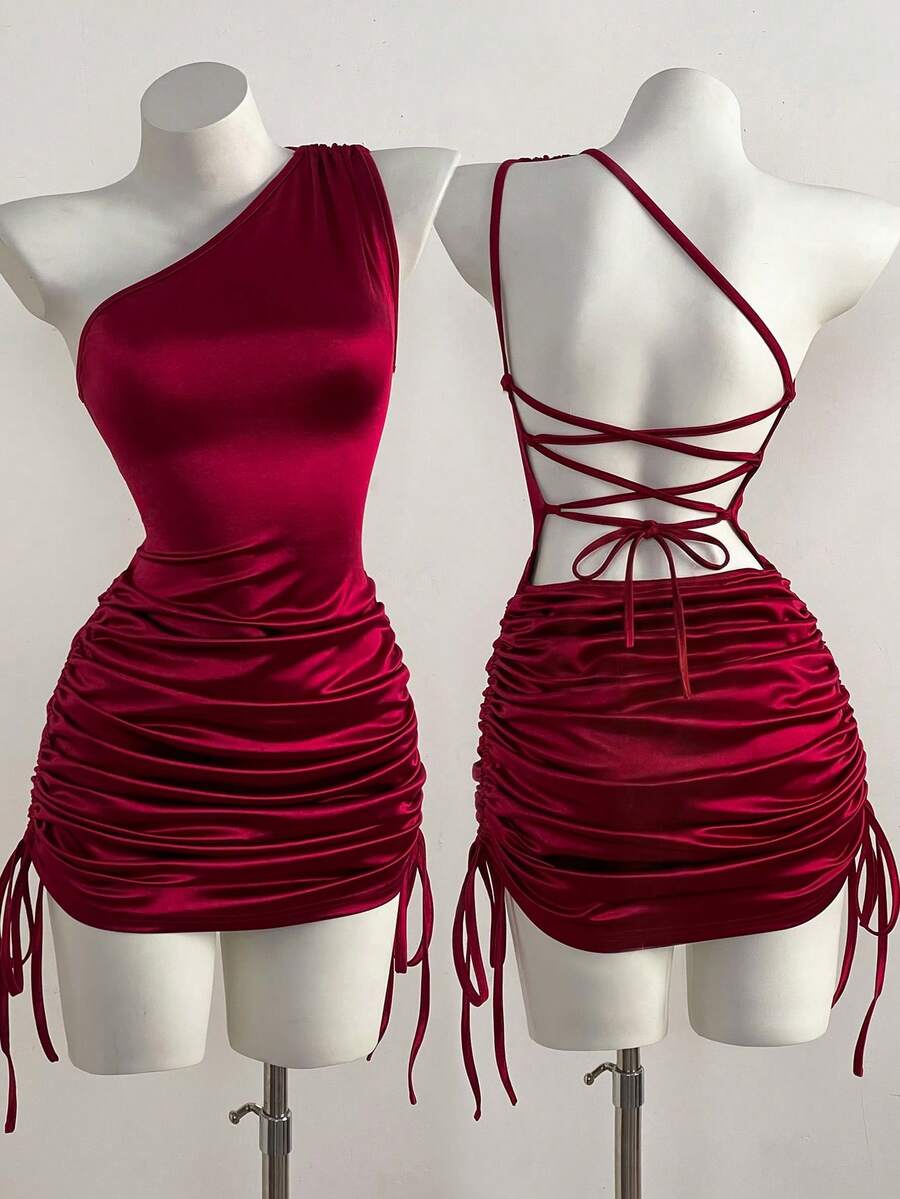 Zolique Summer New Sexy One-Shoulder Pleated Backless Criss-Cross Lace-Up Mini Dress, Wine Red Dress, Faille Dress, Asymmetric Shoulder Dress, Vacation Dress, Suitable For Valentine's Day, Party, Wedding - Cherry Red - View 1
