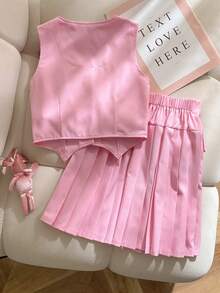 Elladie kids 少女时尚都市通勤蝴蝶结装饰不对称下摆无袖露脐背心搭配粉色百褶迷你裙套装，春夏装