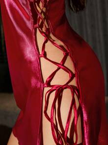 SilkySpell 1pc Women's Sexy Satin Slip Dress, Side Tie Burgundy Mini Skirt, Suitable For All Seasons, Valentine's Day Red Lingerie Dress Satin Sleepwear Set Satin Lingerie Red Satin Slip Dress Satin Night Gown