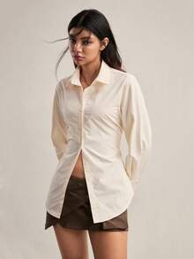 Easelle Áo sơ mi nữ dệt màu mơ, kiểu dáng thường ngày, đa năng, thắt chéo eo, thích hợp đi làm. - Màu be - Xem 4