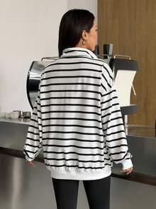 SHEIN EZwear Striped Knit Women's Loose Fit Casual Sweatshirt With Embroidered Knight Design - Black and White - View 6