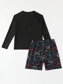SHEIN Bộ 2 món đồ bơi nam tuổi teen, chất liệu vải dệt kim nhiều màu sắc, kiểu dáng thường ngày, bao gồm áo chống nắng và quần bơi, thích hợp cho bơi lội, du lịch và mùa hè. - màu đen - Xem 3