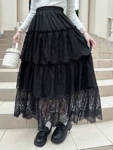 FRIFUL 女士复古哥特风撞色蕾丝层叠下摆半身裙 春季 - 黑色 - 查看 4
