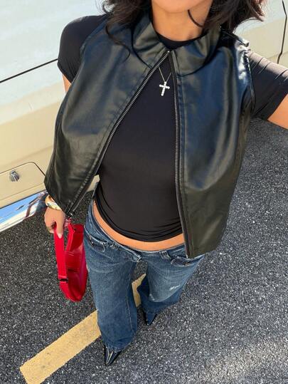 Muchica 街头时尚黑色PU皮无袖女式夹克
