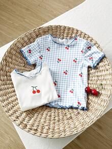 Playful Pals 2pcs Baby Girls' Casual Cute White & Plaid Cherry Print Tops, Suitable For Spring/Summer Vacation, Outing, Farm, Picnic, Home, Back To School - Multicolor - View 3