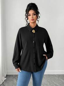 Elenzga Blusa básica y versátil de manga larga, de un solo pecho, de unicolor, para mujer de talla grande, para uso casual y laboral - Negro - Ver 2