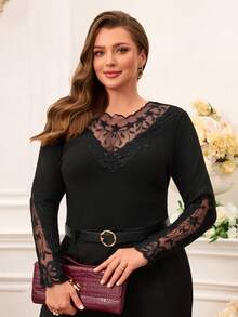 Miaspire 大码女式植物与网纱拼接圆领长袖优雅T恤，派对女装秋季女装 - 黑色 - 查看 1