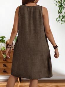 EMERY ROSE Đầm nữ cỡ lớn mùa hè kiểu dáng thường ngày, màu trơn, cổ tròn, phối túi, dáng rộng. - màu nâu - Xem 3