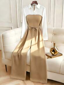 Franclia Women's Khaki Jumpsuit With White Collar, Long Sleeves, And Long Length, Suitable For Spring And Autumn. Features Include: Knitted Fabric, Faux Two-Piece Design, Tie Waist, Contrasting Colors, Elegant Style, Suitable For Daily Wear And Commuting, Versatile And Casual, Pull-On Style, And Shirt-Style Design.