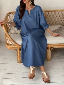 Vivie Lora Women's Casual Loose Denim Effect Mid-Length Dress Sundress - Blue - View 6