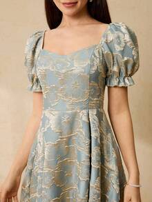 Dusky Blue Summer Elegant Graduation Formal Dress For Teen Girls,Flower Girls,Weddings,Galas,Brocade Deep V-Neck Puff Sleeve Puffy Princess Dress - Baby Blue - View 6