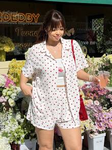 GalTyme Conjunto de 2 piezas de camisa y pantalones cortos con estampado de corazón, de talla grande y estilo casual de verano - Blanco - Ver 6