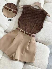 Franclia Casual Commute Elegant Textured Knit Camisole Top With Belt & Pockets, Paired With Wide Leg Shorts, Women Spring/Summer 2 Pieces Set - Brown - View 8