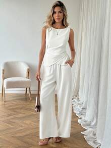 SHEIN LUNE 女士休闲纯色基础款背心和裤子两件套 夏季服装 春季女装 休闲套装 女士休闲装 女士商务休闲装 女士商务休闲装 女士商务休闲装 - 杏色 - 查看 6