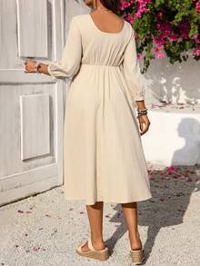 SHEIN 孕妇纯色圆领灯笼袖褶皱休闲连衣裙 - 杏色 - 查看 2