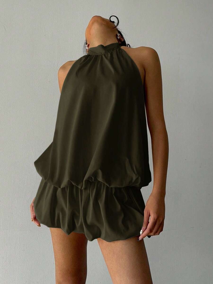 Aloruh Women's Solid Color Ruffle Hem Halter Neck Mini Dress - Army Green - View 1
