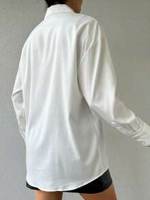 SHEIN Petite Size Women Solid Color Button Front Satin Shirt V Neck Blouse White Blouse Elegant - White - View 2