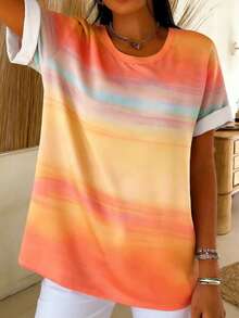 Women's Tie-Dye Print Round Neck Short Sleeve Casual Versatile T-Shirt - Burnt Orange - View 3