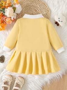 SHEIN Playful Pals 女婴粉色小熊印花长袖翻领连衣裙，甜美时尚，舒适百搭，适合日常穿着，春秋季 - 黃色 - 查看 2