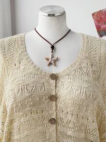 Sunspun 大码女式休闲波西米亚风镂空针织钩编图案开衫，正面椰子纽扣，宽松半袖设计，适合春、夏、秋季穿着，室内/室外皆宜，通勤穿着也合适，是馈赠亲友、度假的理想之选。 - 杏色 - 查看 4