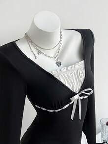 Elamini Spring Sweet Contrast Color Patchwork Bow Tie Slim Fit Long Sleeve T-Shirt - Black - View 3