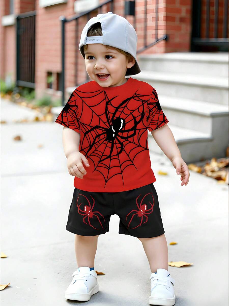 1 Set Baby Boys' Casual Fashionable Creative Personalized Refreshing Minimalist Heart & Spider Web Print Short Sleeve T-Shirt And Shorts Set, Comfortable Daily Wear, Cozy Summer Styles Suitable For Spring And Summer Toddler Boy Clothes Summer Sets Gothic Baby Boy Clothes - Multicolor - View 1