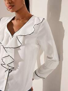 Lilora 女士V领荷叶边拼接时尚百搭通勤长袖衬衫 - 白色 - 查看 1