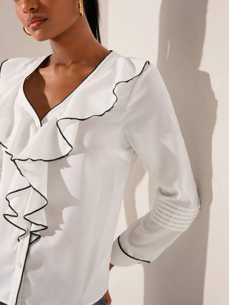 Lilora 女士V领荷叶边拼接时尚百搭通勤长袖衬衫 - 白色 - 查看 1