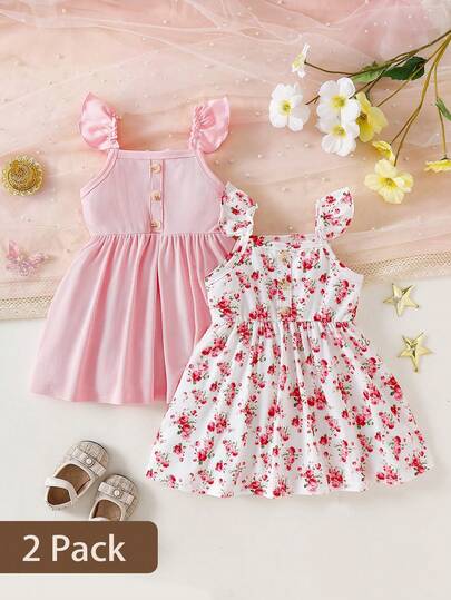 SHEIN Playful Pals 2pcs Baby Girls Princess Dress Set: Pink Sweet Princess Dress + Floral Print Dress, Flutter Sleeves & Button Design, Fashionable & Versatile For Daily Wear
