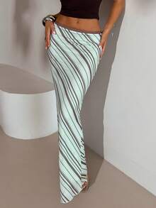 Aloruh Women's Contrast Striped Mesh Bodycon Fishtail Skirt, Casual Holiday Wear - Multicolor - View 2