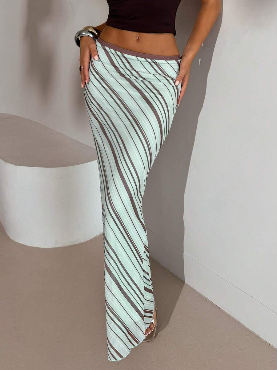 Aloruh 女士撞色条纹网纱修身鱼尾裙，休闲假日装 - 彩色 - 查看 1