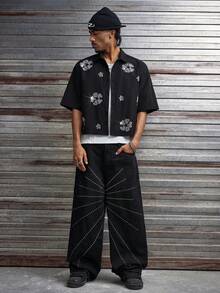 AXEPEAK Men's Casual Rhinestone Button Short Sleeve Shirt - Black - View 5