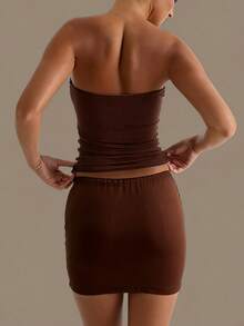 Rovax New Khaki Basic Fashion Set, Bandeau Top And Bodycon Mini Skirt 2 Pieces Set For Women - Coffee Brown - View 2