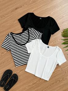 SHEIN EZwear 3件装 女士黑白条纹印花针织圆领短袖T恤 - 彩色 - 查看 7