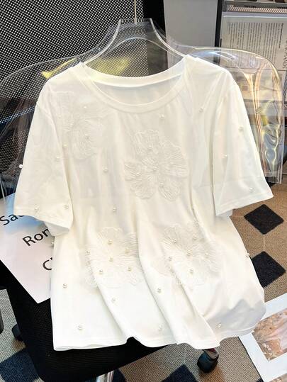 SHEIN PETITE CURVE Plus Size Women Solid Color Hollow Out Rhinestone Embellished Round Neck Knit Short Sleeve Top