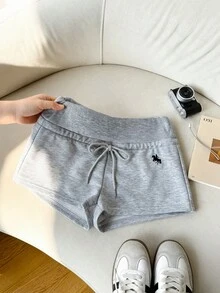 SHEIN EZwear 女士抽绳腰带骑士印花休闲百搭日常短裤 - 淺灰色 - 查看 5