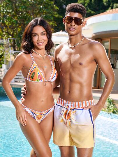 Manfinity VDAYZ Men's Fashion Beach Couple Shorts, Suitable For Summer Beach Vacation, Beach Party Casual Wear, Men's Swimwear, Beach, Men's Holiday, Valentine's Day, Summer, Men's Valentine's Day Matching Swimwear For Couples His And Hers Swim Suit Sets Couple Bathing Suit Set Matching Bikini And Swim Trunks Couples Swimsuits Sets