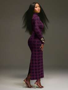 NYA SZN Dress Long Sleeve Fitted Bodycon Turtle Neck Slit Cut Out Midi Length Everyday Casual Business Casual Office Back To School Party Club Evvent Ibiza Holiday Green Knitwear Knit Fall Winter Outfits For Women - Purple - View 2