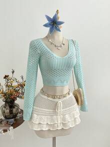 Elamini Women's Sexy Blue V-Neck Hollow Out Blouse, Beach Outfit, Casual Vacation Fashion Pullover Top, Breathable Summer - Blue - View 1