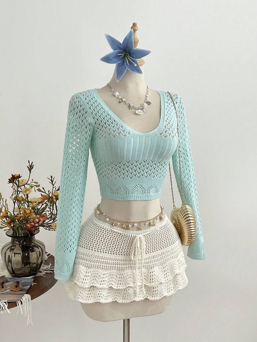 Elamini Women's Sexy Blue V-Neck Hollow Out Blouse, Beach Outfit, Casual Vacation Fashion Pullover Top, Breathable Summer - Blue - View 1