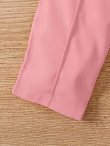 SHEIN Elladie kids 3件套女童春秋季派对套装，包括无袖背心、阔腿裤、长袖高领上衣，时尚休闲户外装，粉色无袖纽扣背心，舒适针织高领上衣，阔腿裤，时尚欧美风少女服装套装，粉色商务套装，春秋季女童裤装套装 - 粉色 - 查看 7