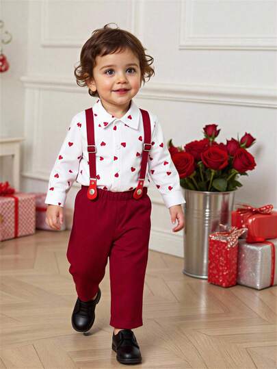 2 st/set elegant formell herreoutfit för pojke, hjärtmönster långärmad tröja och strumpebandshållare, lämplig för födelsedagsfest, gala, framträdande, bröllop, dop, jul, nyår, barnkläder, babyoutfit för pojke, pojkeset, babyset för pojke, babyset för pojke