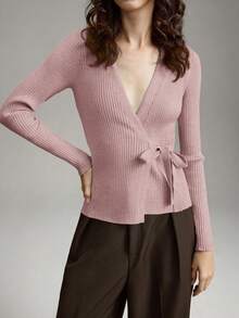 Ontre Women's Casual Knitted Ribbed Tie-Front Cardigan, Versatile For Daily, Commuting, Business, Party, Dating, Elegant Summer Top - Pink - View 1